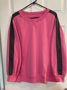 Bright Pink Crewneck Sweatshirt with Charcoal Stripes